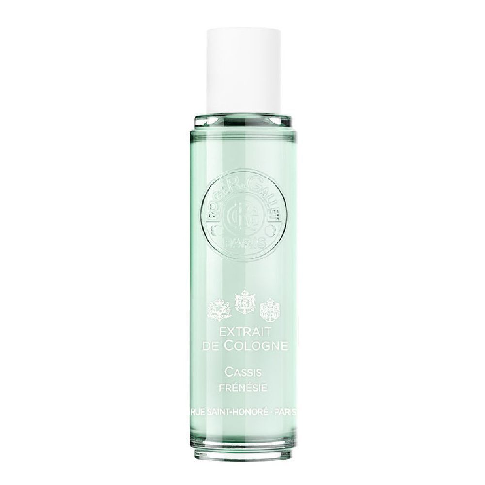 Zylindrische Flasche mit weißem Verschluss. Aufschrift: Extrait de Cologne, Cassis Frenesie.