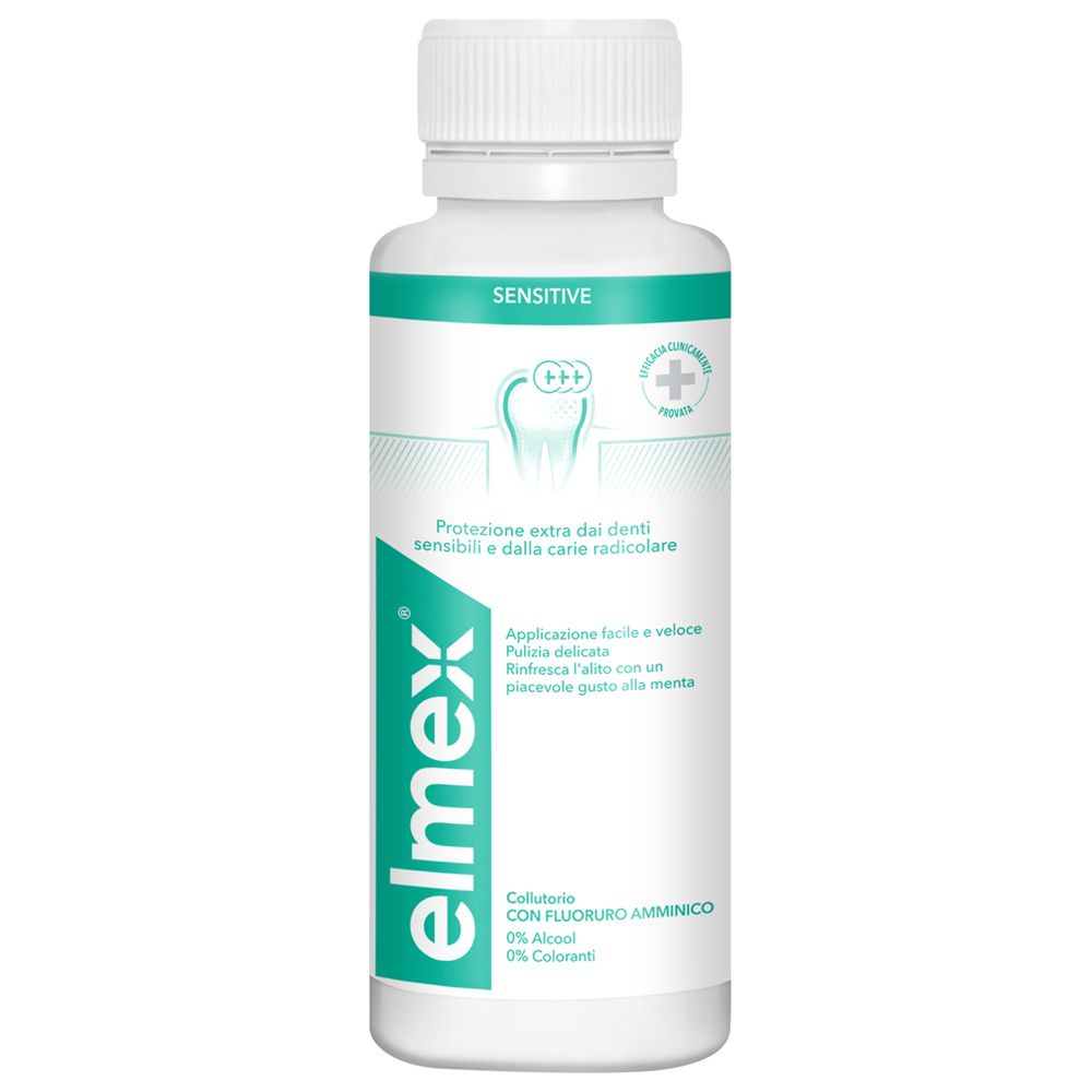 Zahnspülung-Flasche. Weißer Deckel, grüne und weiße Etiketten. Text: Sensitive, elmex, Schutz für empfindliche Zähne.