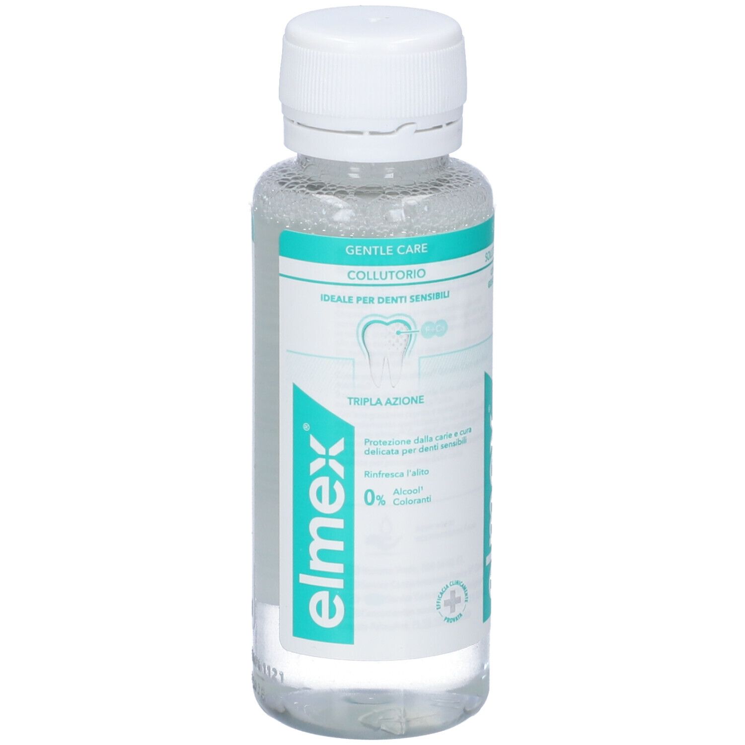 Elmex Sensitive Mundspülung in durchsichtiger Flasche mit weißem Verschluss. Grüne und weiße Etiketten mit Produktinformationen.