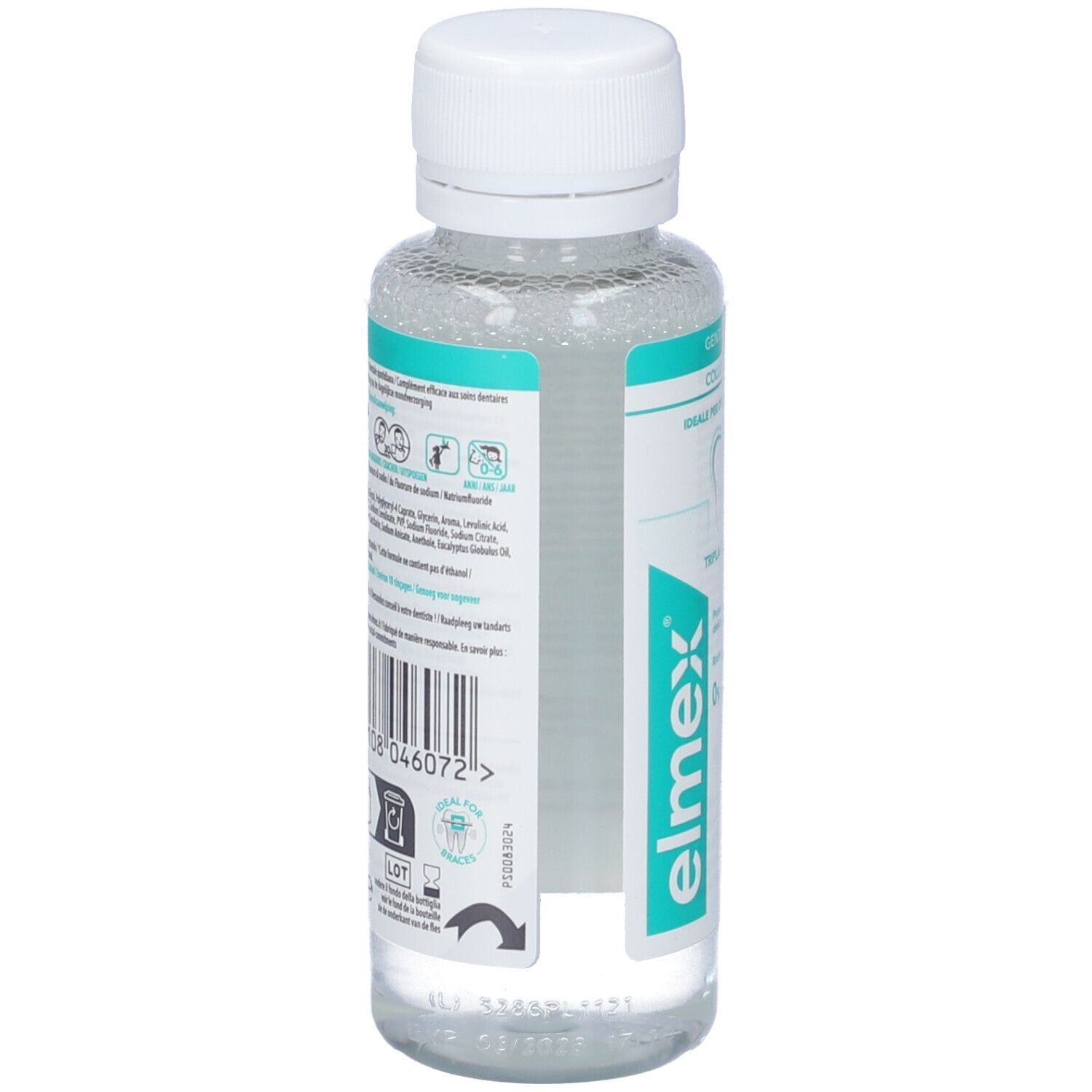 Rückseite der Elmex Sensitive Mundspülung Flasche mit Barcode und detaillierten Produktinformationen auf mehreren Sprachen.
