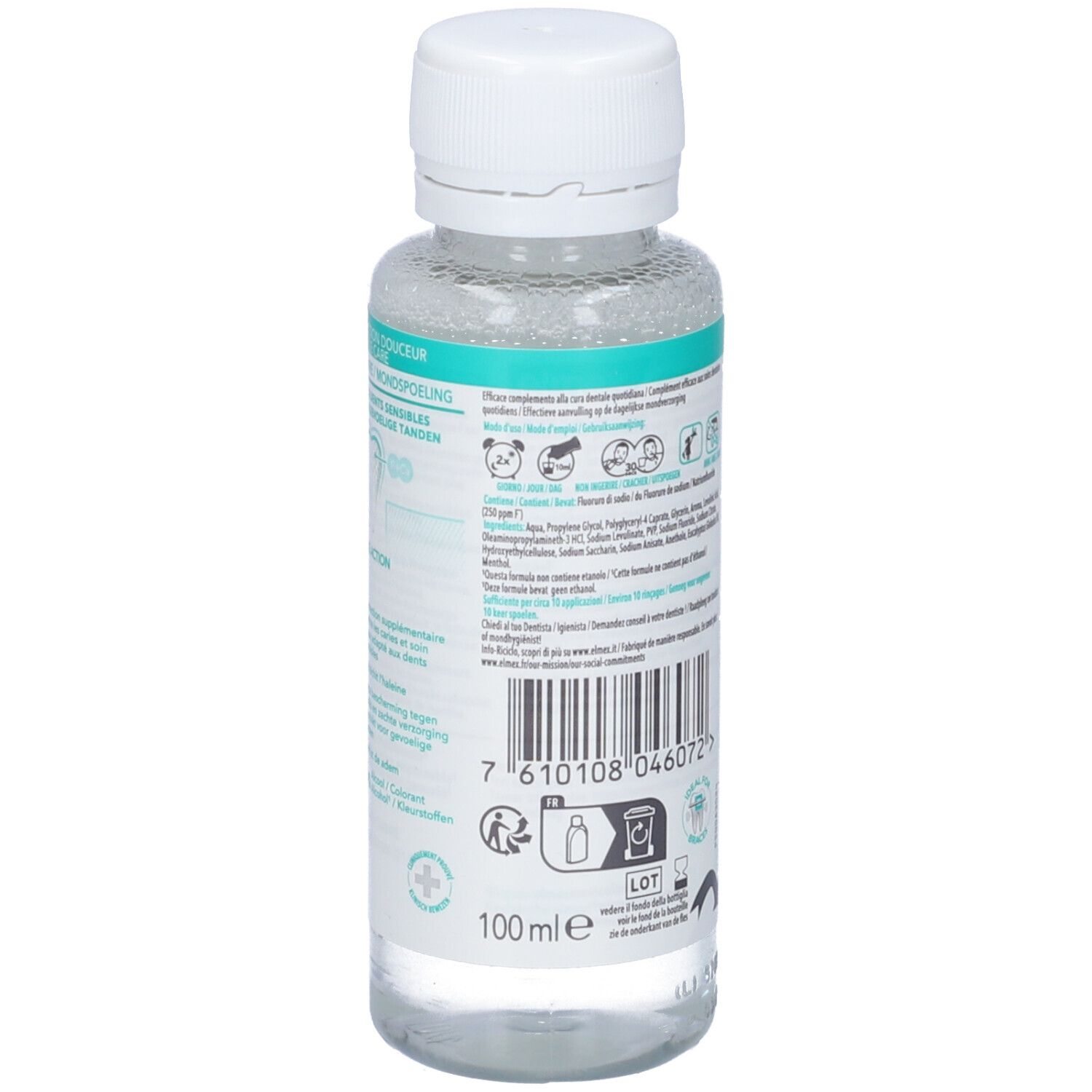 Rückseite der Elmex Sensitive Mundspülung Flasche, zeigt 100 ml Angabe und verschiedene Anwendungssymbole.