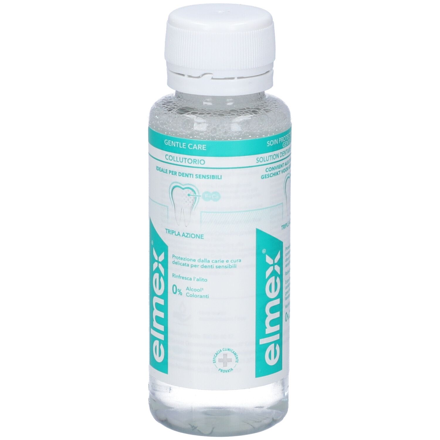 Elmex Sensitive Mundspülung in durchsichtiger Flasche. Nahaufnahme des Etiketts mit dem Schriftzug 'Tripla Azione'.