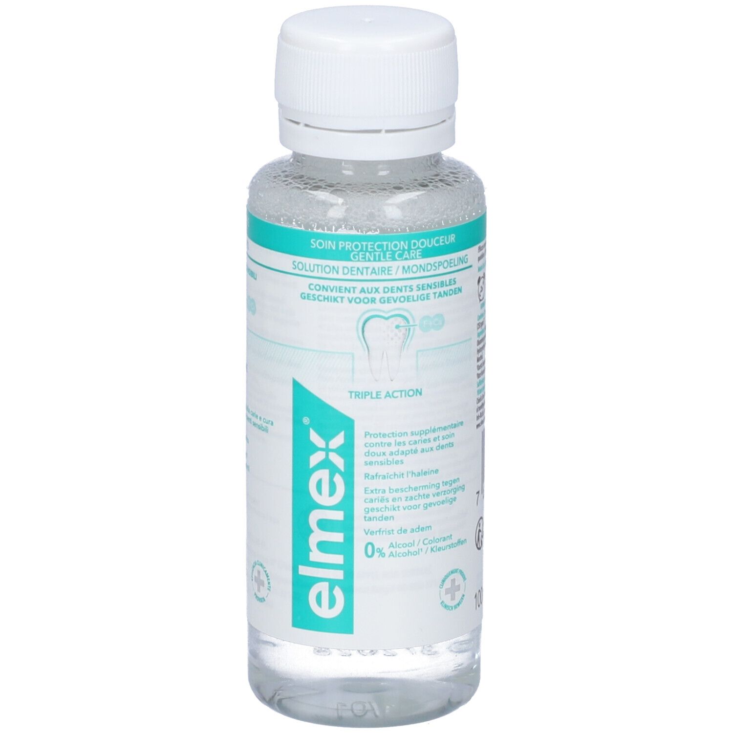 Vorderseite der Elmex Sensitive Mundspülung Flasche. Etikett mit 'Gentle Care' und 'Ideale per Denti Sensibili'.