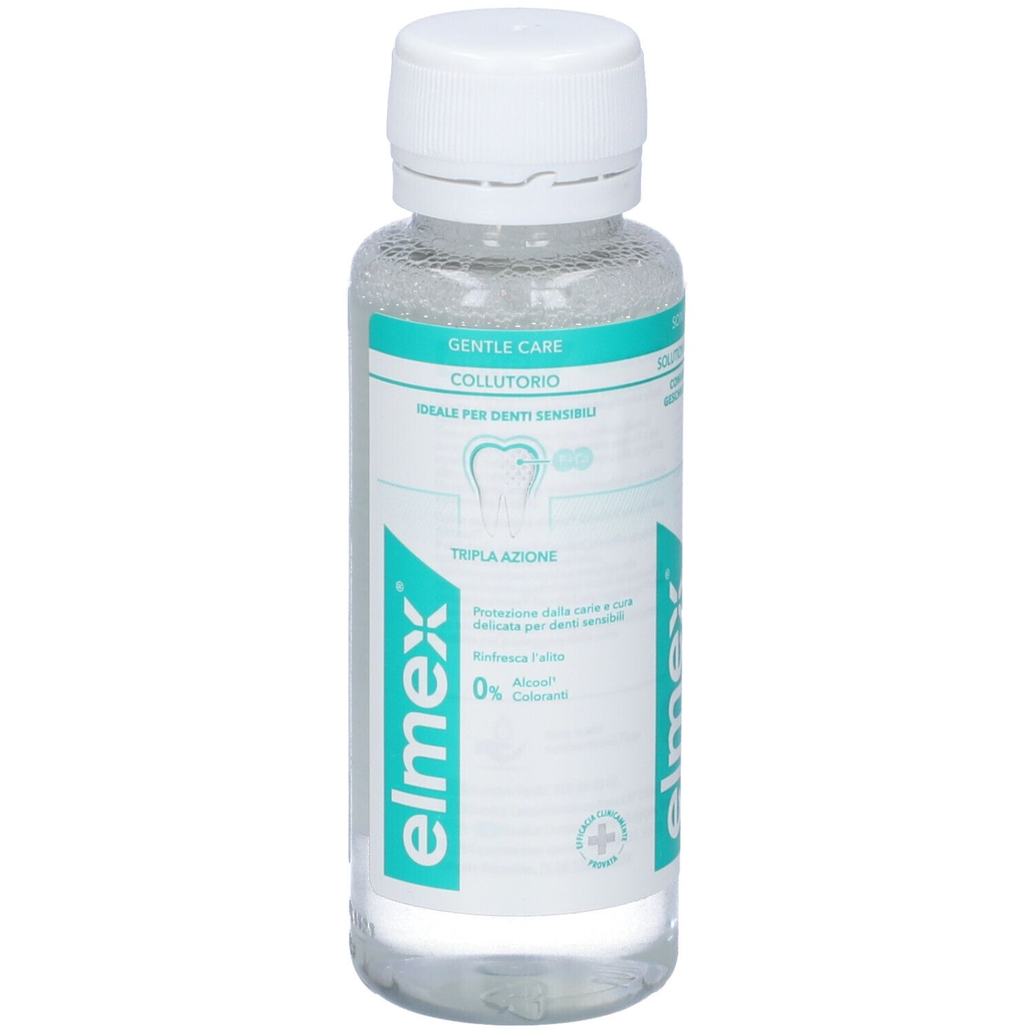 Elmex Sensitive Mundspülung, Flasche mit weißem Verschluss. Etikett mit 'Soin Protection Douceur' und 'Triple Action'.