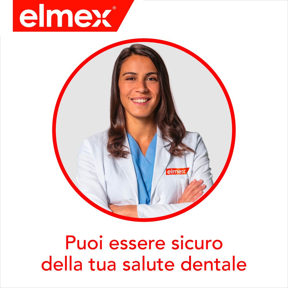 Elmex Logo. Frau im weißen Kittel, lächelnd. Text: Sie können sich auf Ihre Mundgesundheit verlassen.