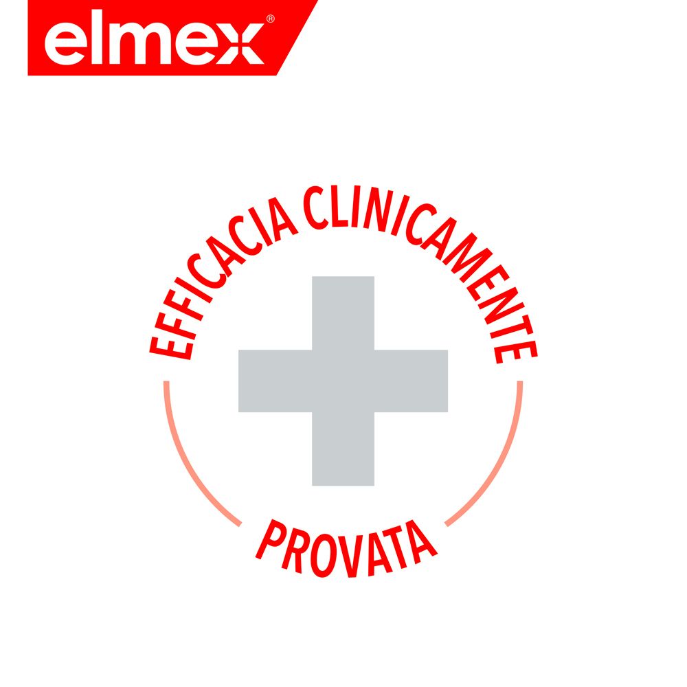 Elmex Logo. Kreuz in einem Kreis. Text: Klinisch erwiesen.