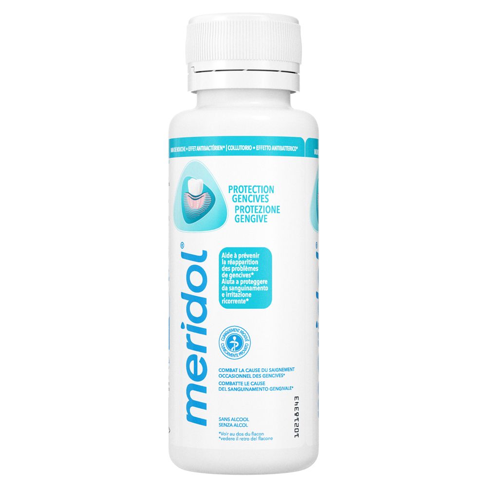 Meridol® Collutorio Protezione Gengive. Flacone bianco con etichetta blu. Testo: Protection Gencives, logo Meridol.
