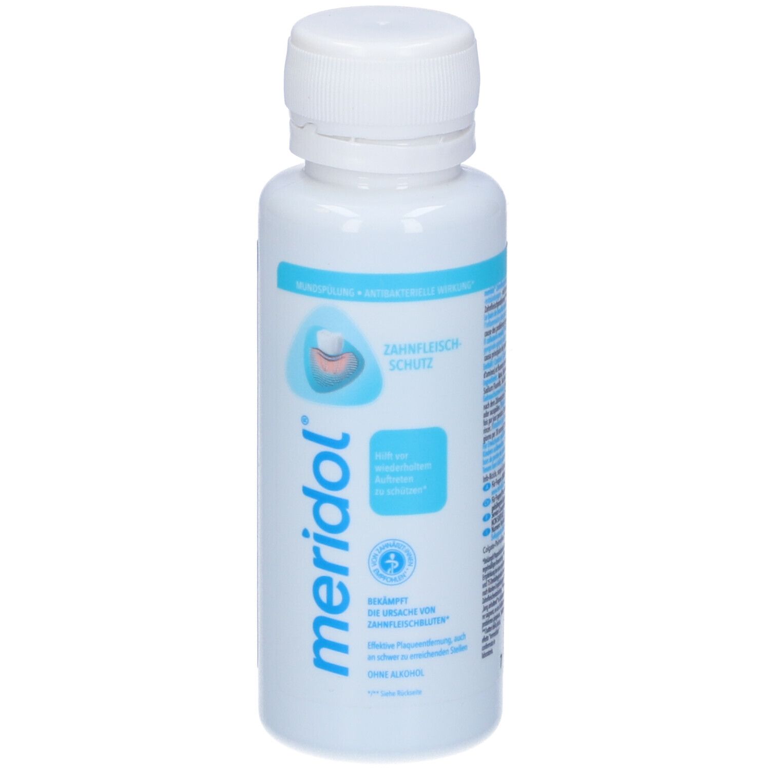 Flacone Meridol® Protezione Gengive. Bianco e blu. Testo: Protezione Gengive, logo Meridol, senza alcool.