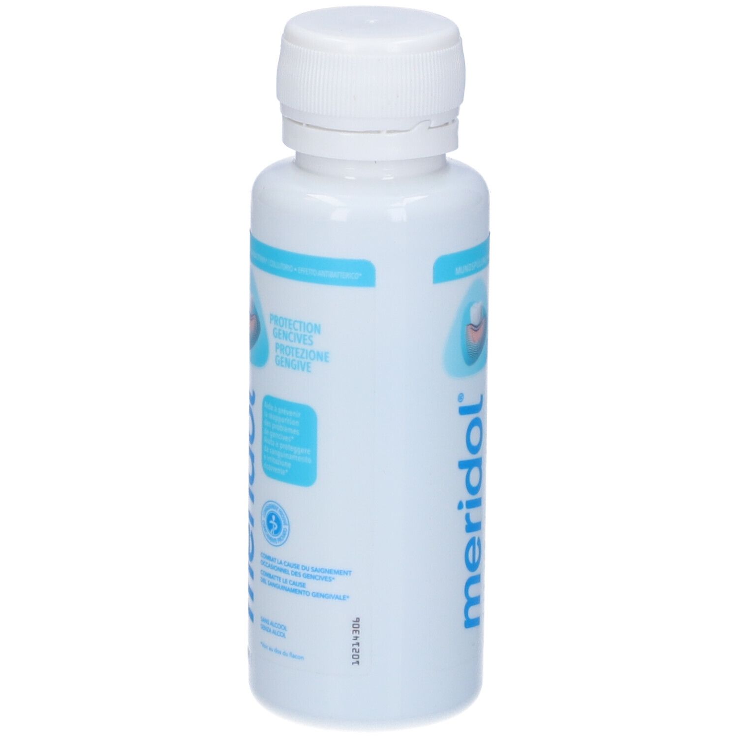 Retro del flacone Meridol® Protezione Gengive. Testo multilingue. Codice a barre e indicazione 100ml.
