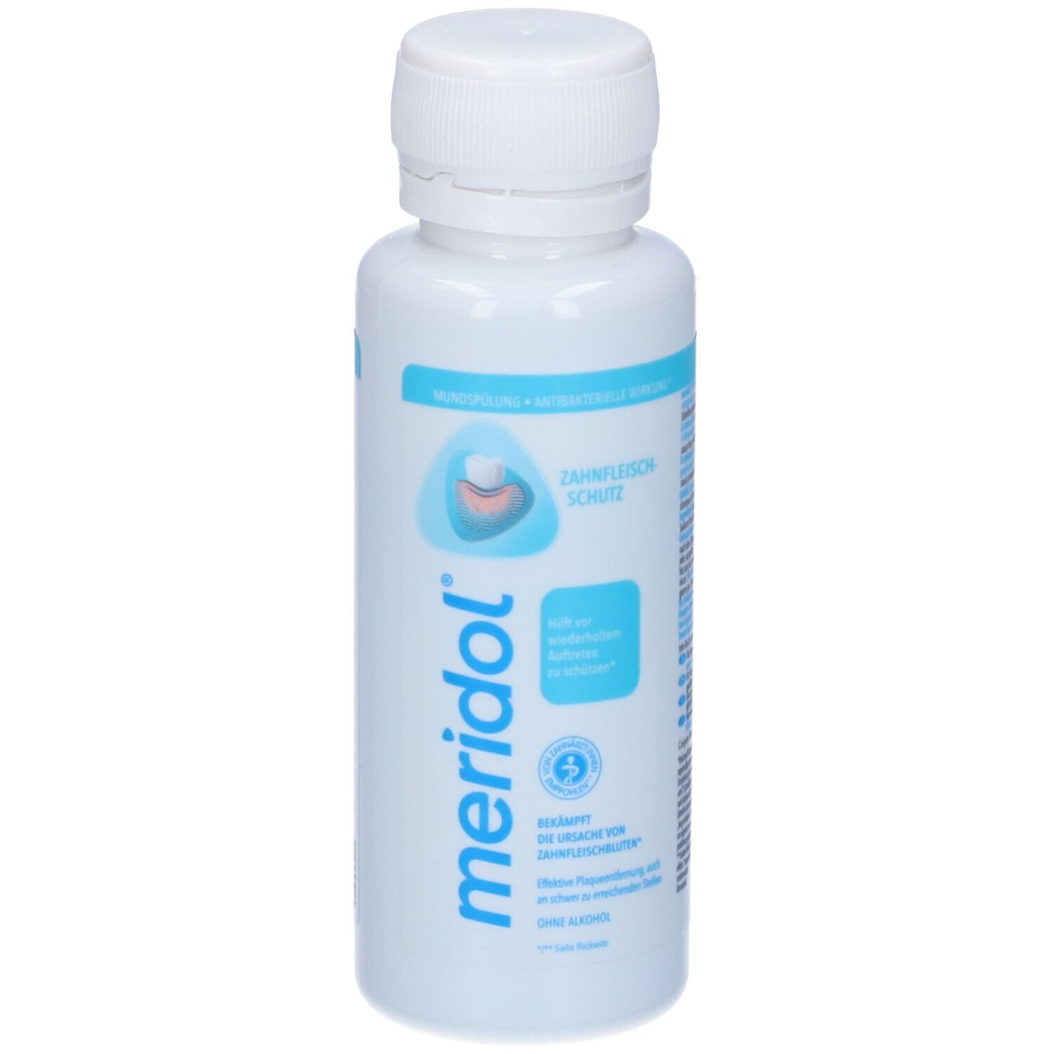 Flacone Meridol® Protezione Gengive. Bianco e blu. Testo: Protezione Gengive, logo Meridol, senza alcool.