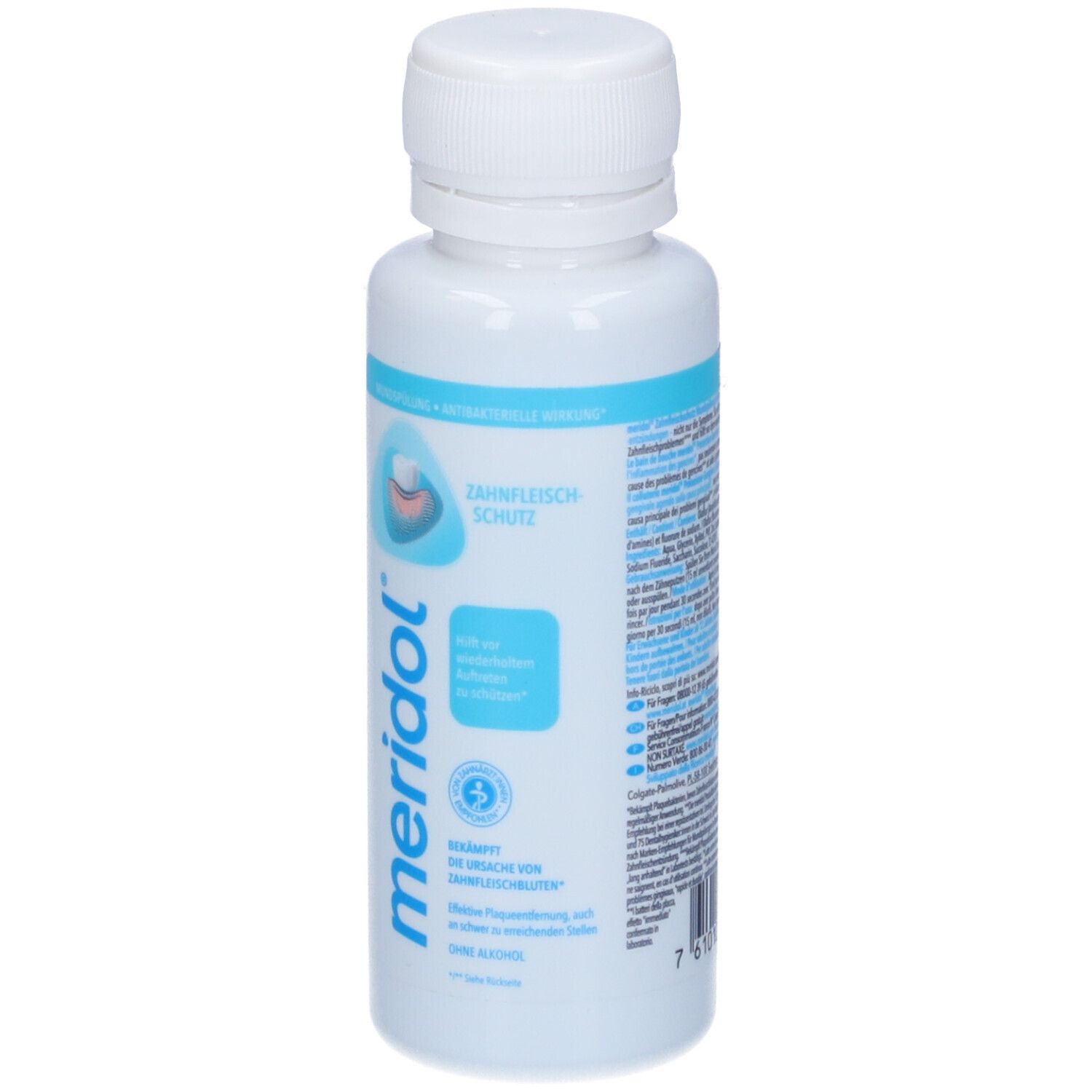 Flacone Meridol® Protezione Gengive. Bianco e blu. Testo: Protezione Gengive, logo Meridol, senza alcool.