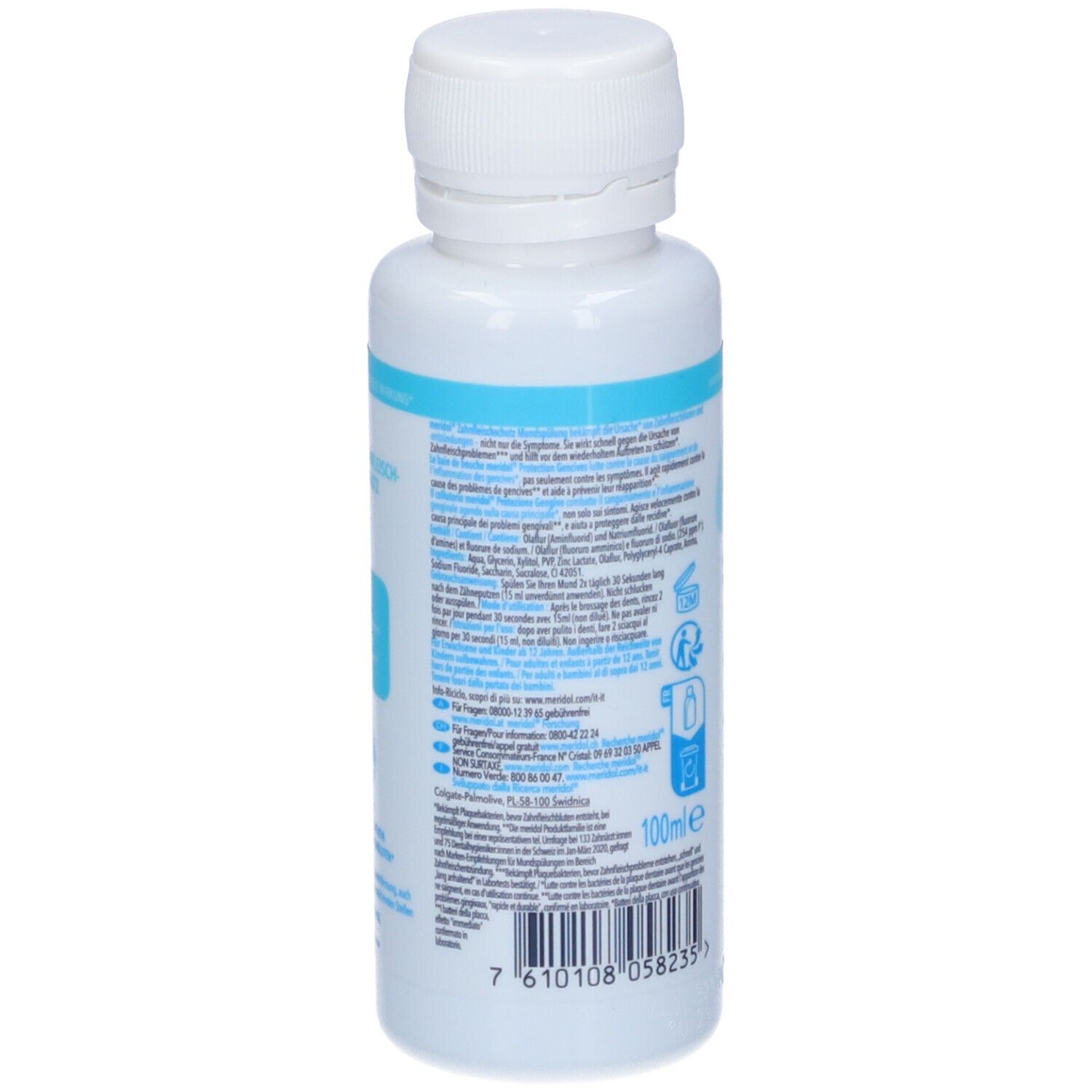 Retro del flacone Meridol® Protezione Gengive. Testo multilingue. Codice a barre e indicazione 100ml.