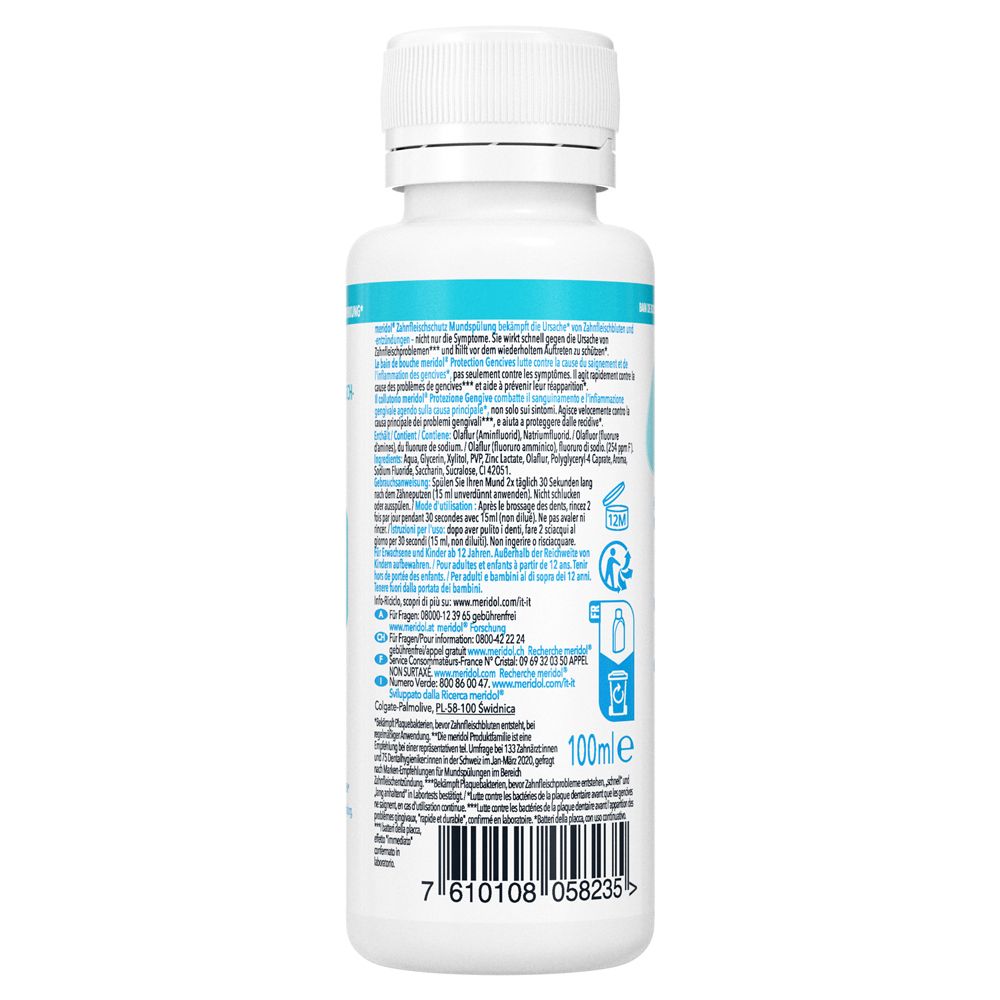Retro del flacone Meridol® Collutorio Protezione Gengive. Testo multilingue. Codice a barre e indicazione 100ml.