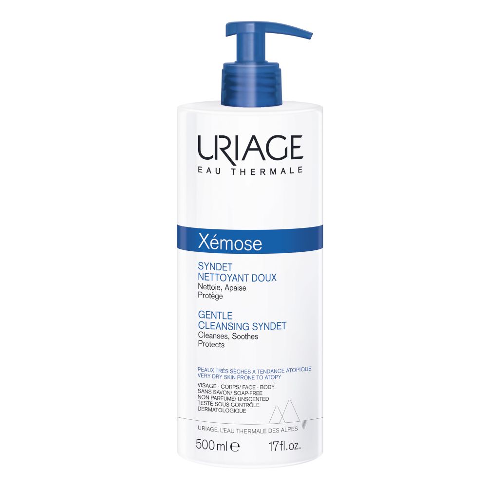 Weißer Spender mit blauem Pumpkopf. Aufschrift: URIAGE, Xémose, Syndet, Reiniger. 500 ml.