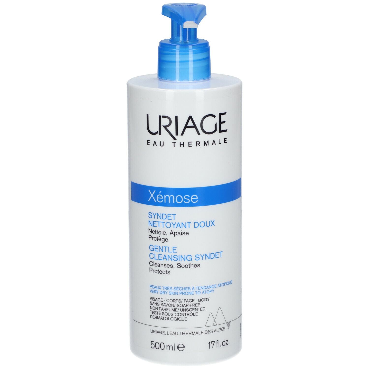 Weißer Spender mit blauem Pumpkopf. Aufschrift: URIAGE, Xémose, Syndet, Reiniger. 500 ml.