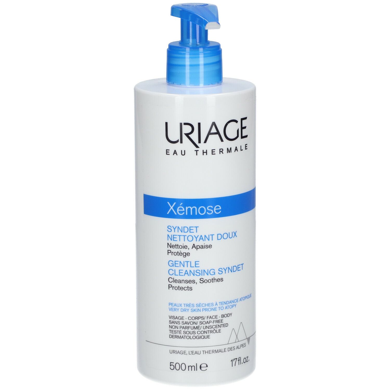Weißer Spender mit blauem Pumpkopf. Aufschrift: URIAGE, Xémose, Syndet, Reiniger. 500 ml.