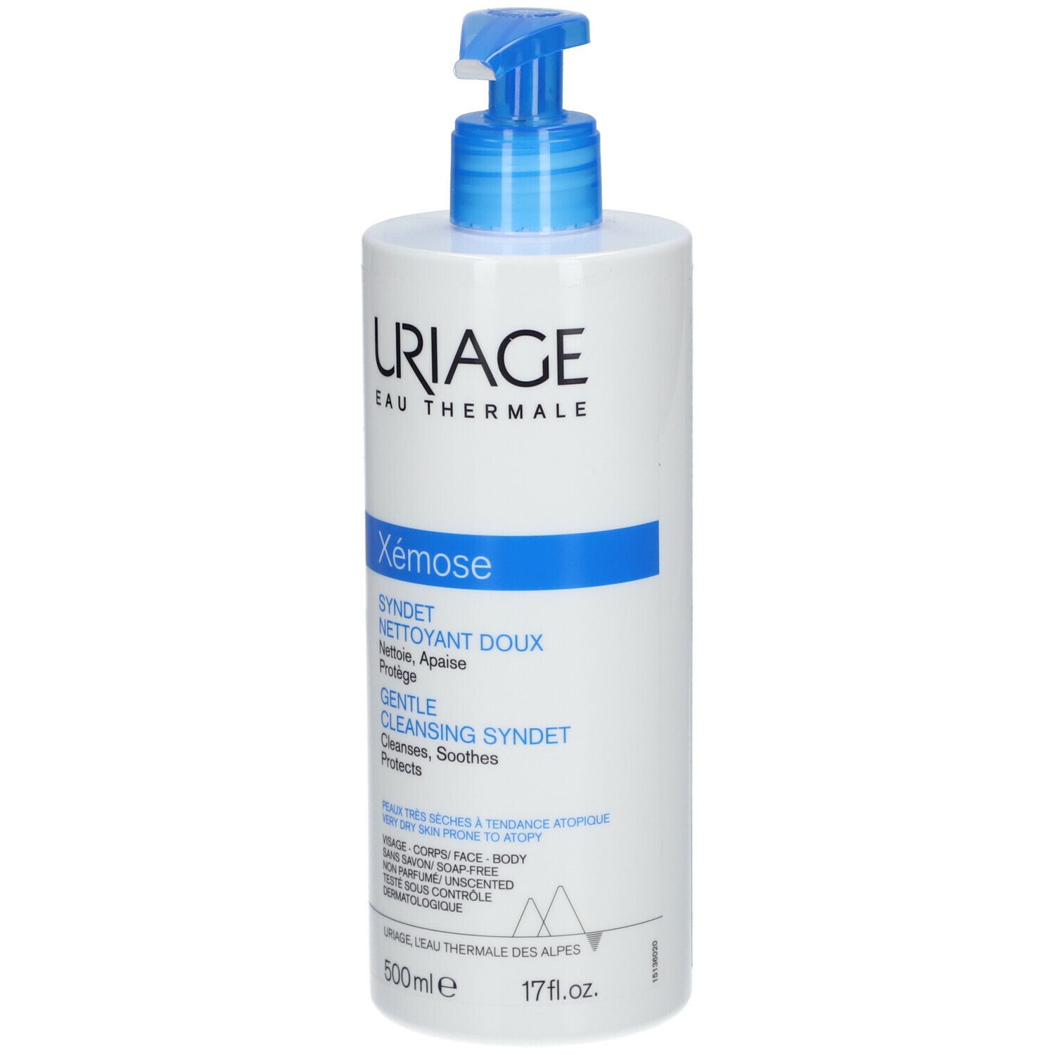 Weißer Spender mit blauem Pumpkopf. Aufschrift: URIAGE, Xémose, Syndet, Reiniger. 500 ml.
