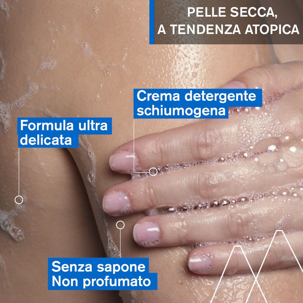 Hände mit Seifenschaum. Text: Formel ultra delicata, senza sapone, non profumato. Hauttyp: pelle secca, a tendenza atopica.