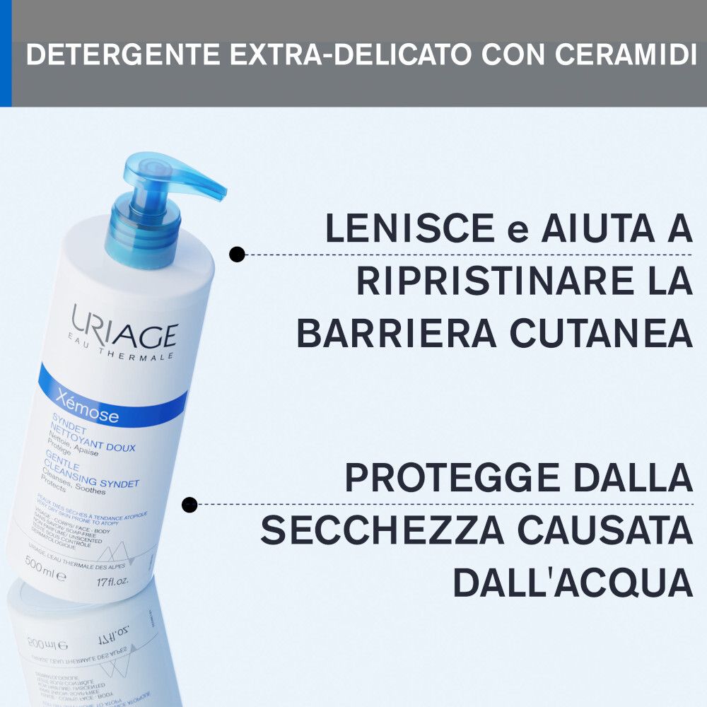 Produktflasche mit Text. Text: Detergente extra-delicato con ceramidi. Lenisce e aiuta a ripristinare la barriera cutanea.