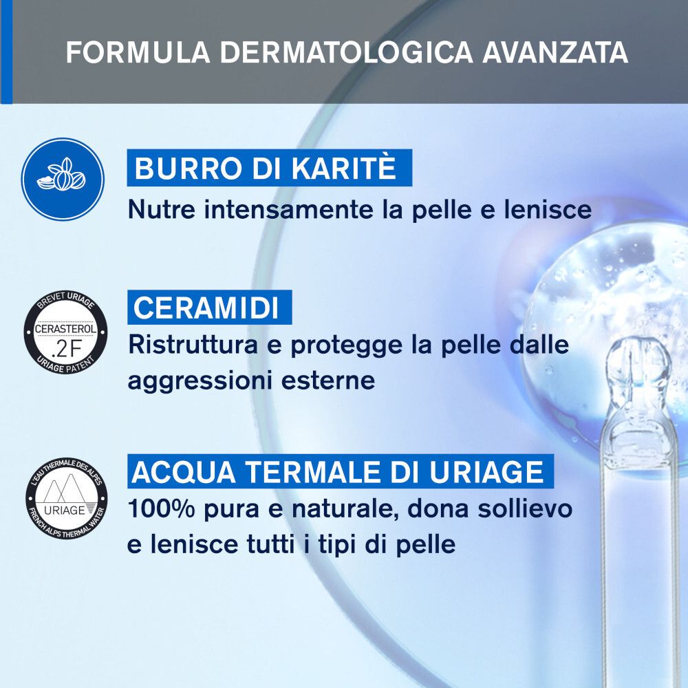 Grafik mit Inhaltsstoffen: Karité-Butter, Ceramide, Uriage Thermalwasser. Logos: Cerasterol 2F, Uriage Thermalwasser.