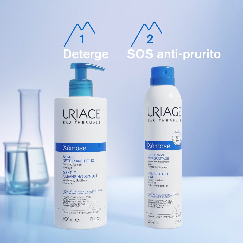 Zwei Produkte nebeneinander. Links: Syndet Reiniger. Rechts: SOS Anti-Juckreiz Balsam. Logos: Uriage, Xémose.