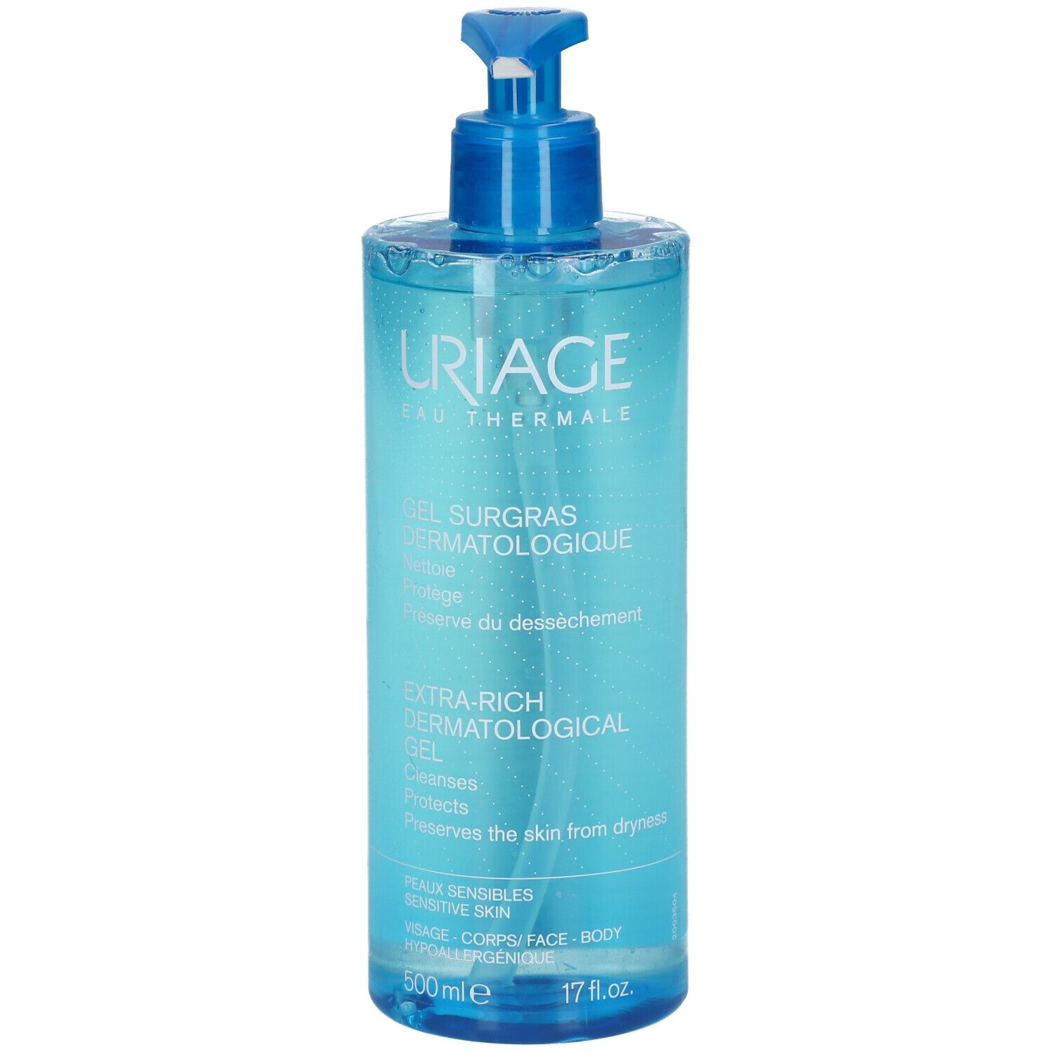 Uriage Gel Surgras Dermatologique, flacon bleu avec pompe. Contient 500 ml. Texte : Extra-Rich Dermatological Gel.