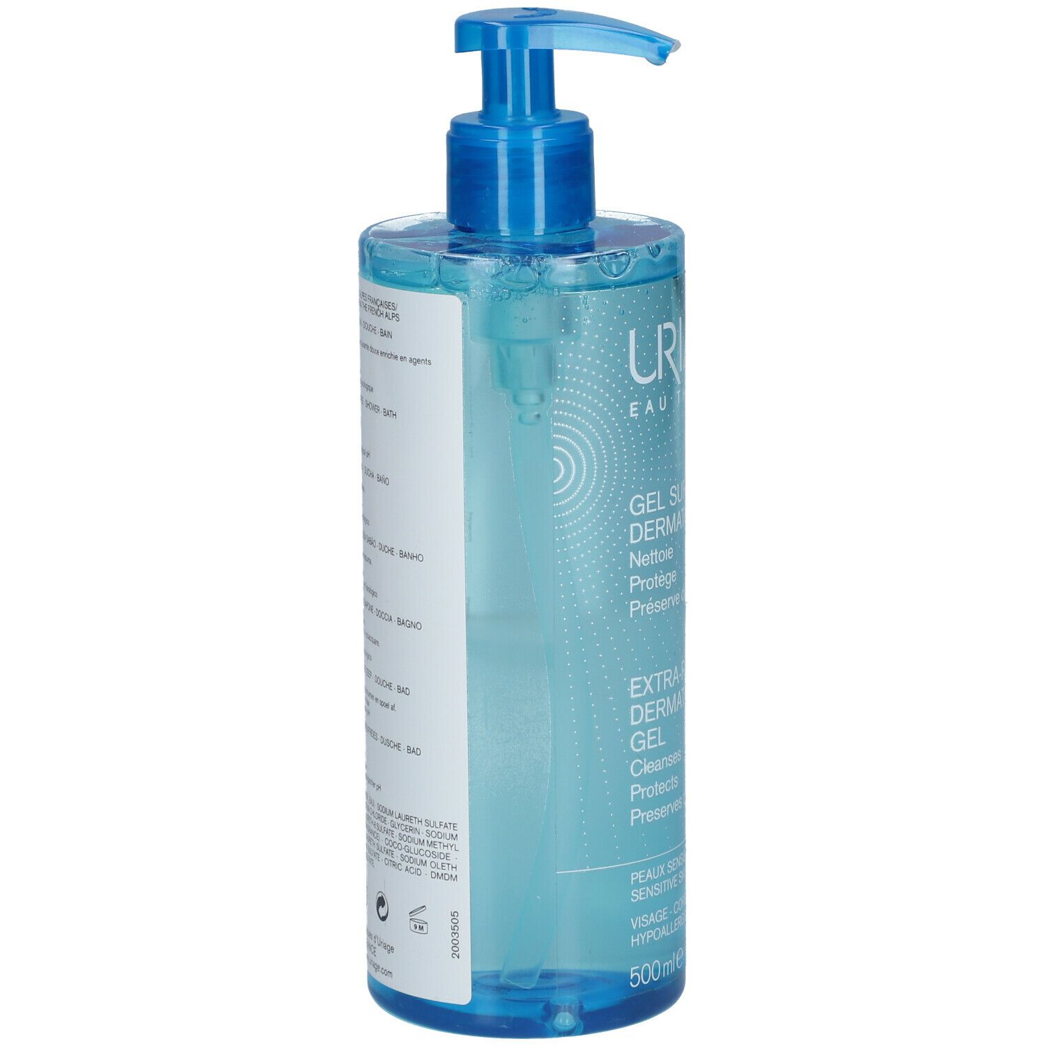 Dos du flacon Uriage Gel Surgras Dermatologique. Contient des informations et des ingrédients.