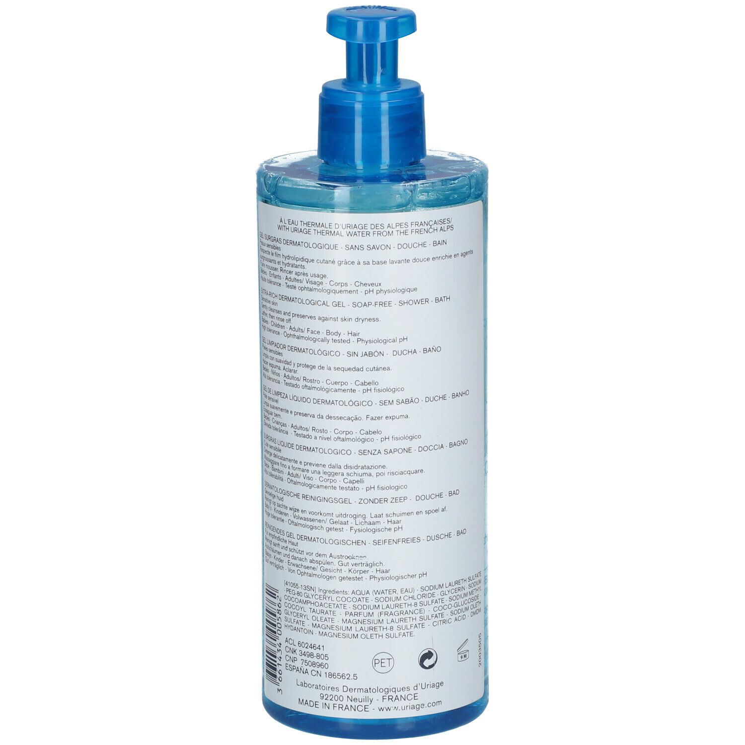 Dos du flacon Uriage Gel Surgras Dermatologique. Contient des informations et des ingrédients.