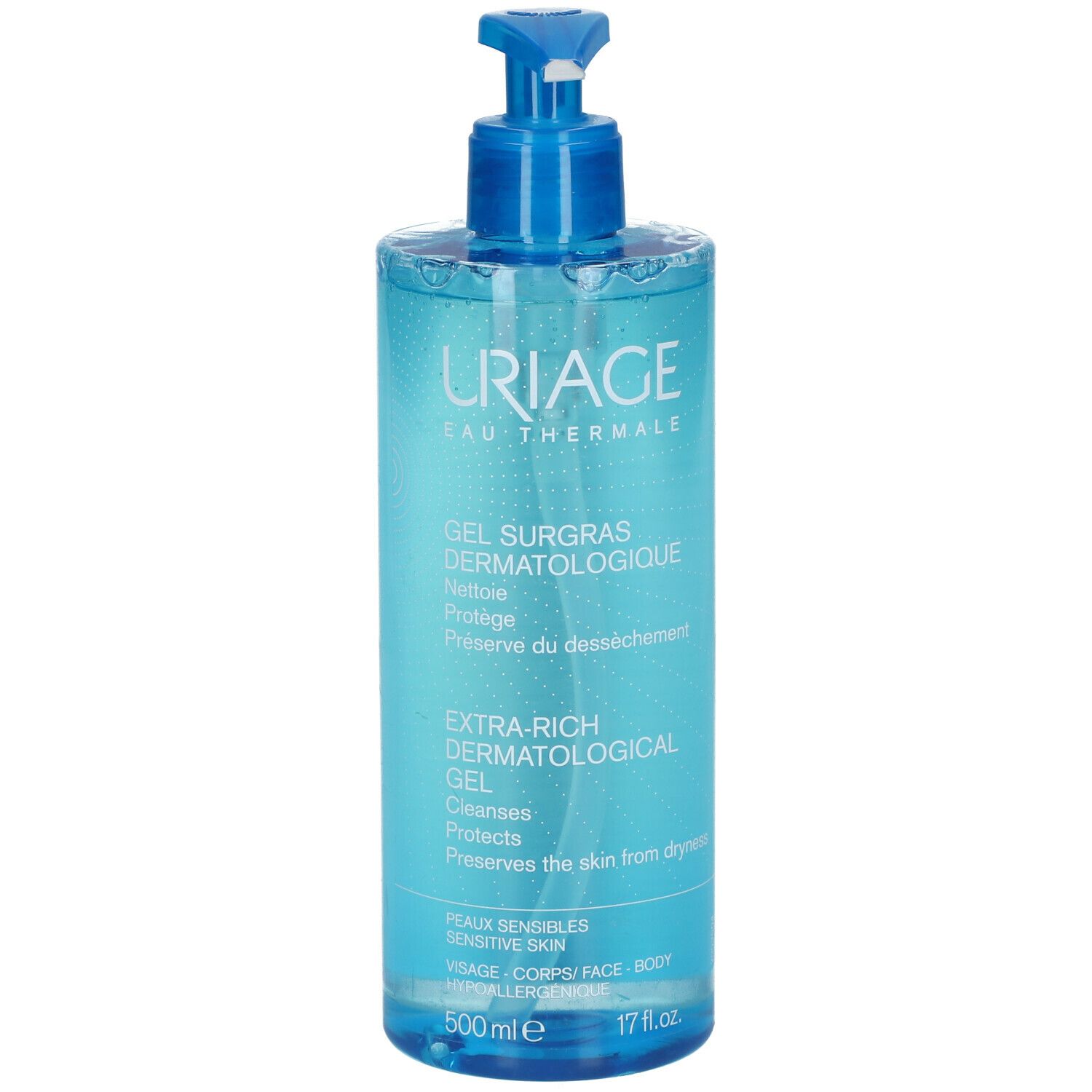 Uriage Gel Surgras Dermatologique, flacon bleu avec pompe. Contient 500 ml. Texte : Extra-Rich Dermatological Gel.