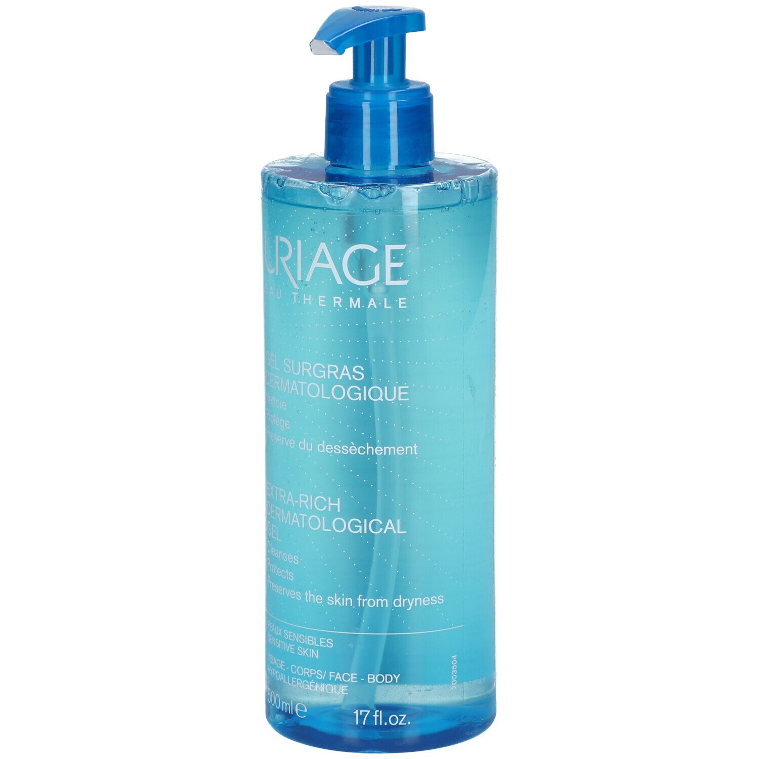 Uriage Gel Surgras Dermatologique, flacon bleu avec pompe. Contient 500 ml. Texte : Extra-Rich Dermatological Gel.