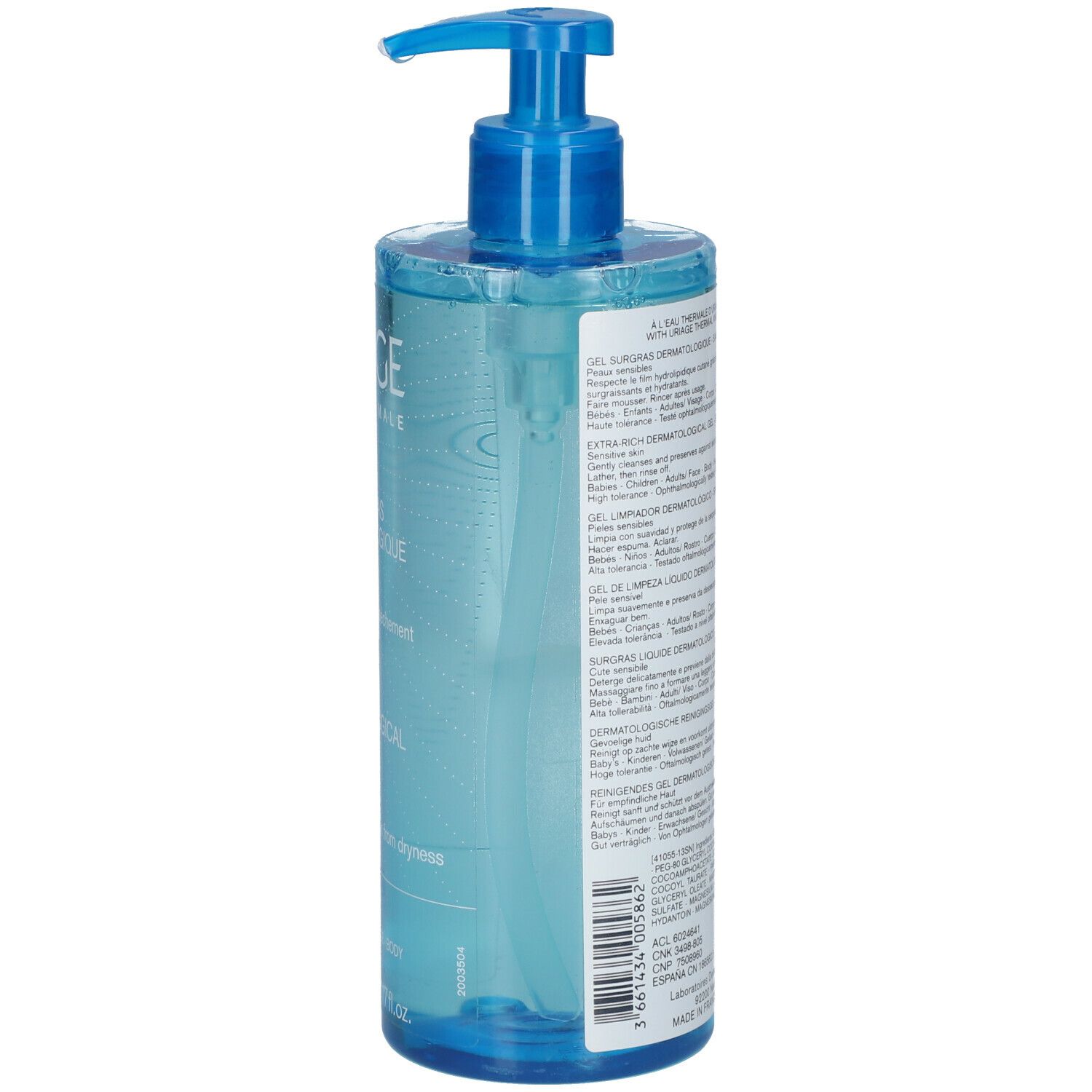 Dos du flacon Uriage Gel Surgras Dermatologique. Contient des informations et des ingrédients.