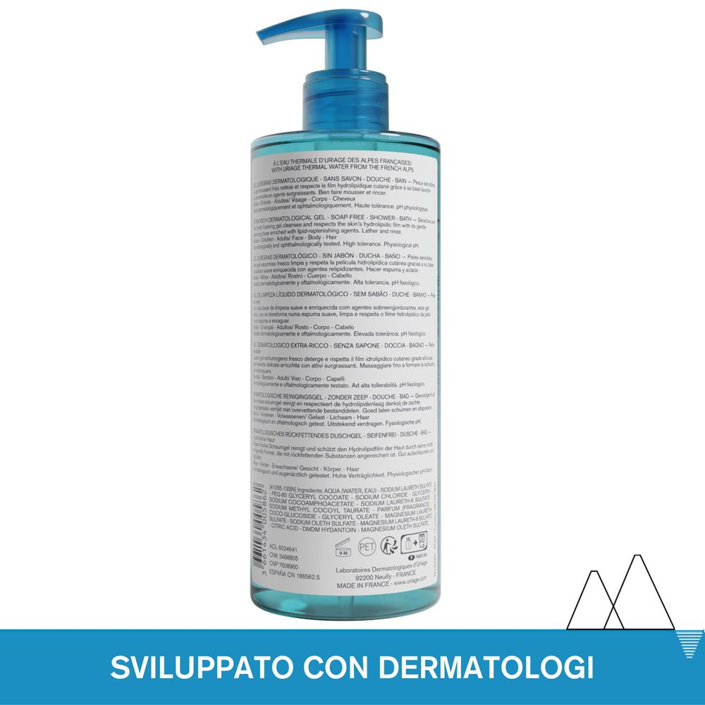 Dos du flacon Uriage Gel Surgras Dermatologique. Contient des informations et des ingrédients. Développé avec des dermatologues.