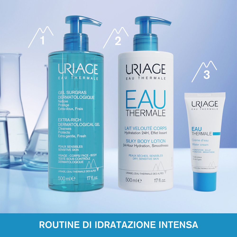 Trois produits Uriage : Gel Surgras Dermatologique, Eau Thermale Lait Velouté Corps, Eau Thermale Crème d'Eau.
