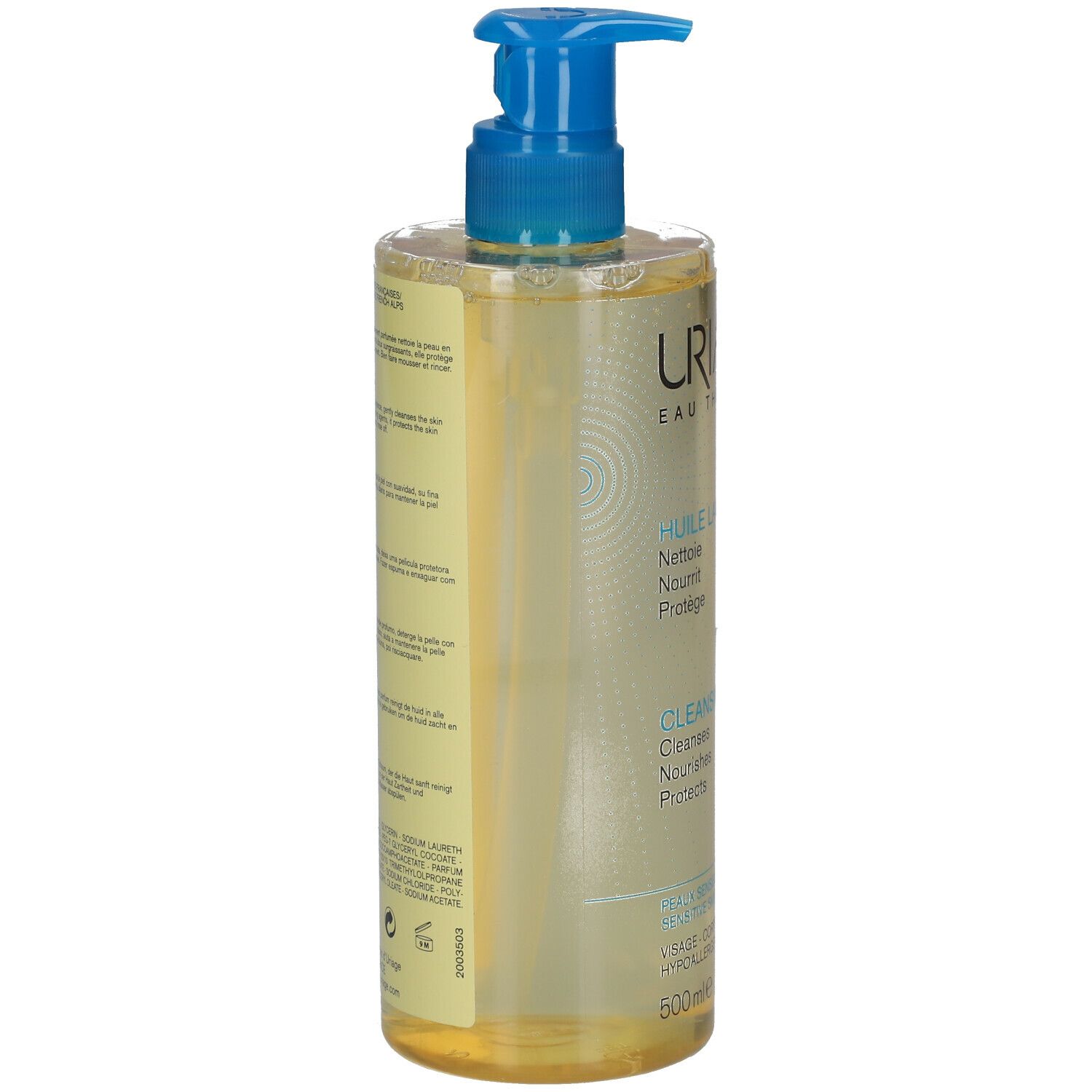 Retro del flacone. Testo multilingue. Scritta: URIAGE, Eau Thermale.
