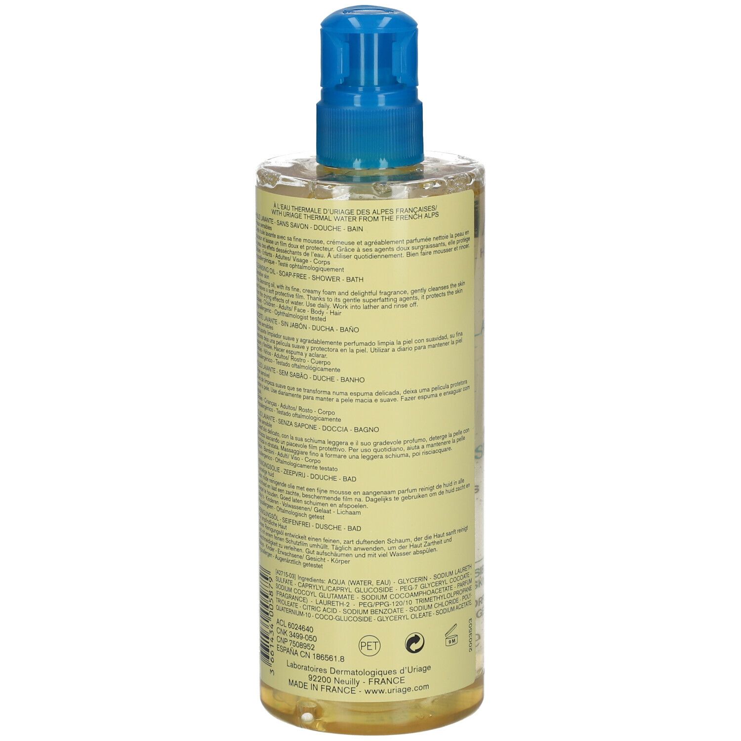 Retro del flacone. Testo multilingue. Scritta: URIAGE, Eau Thermale.