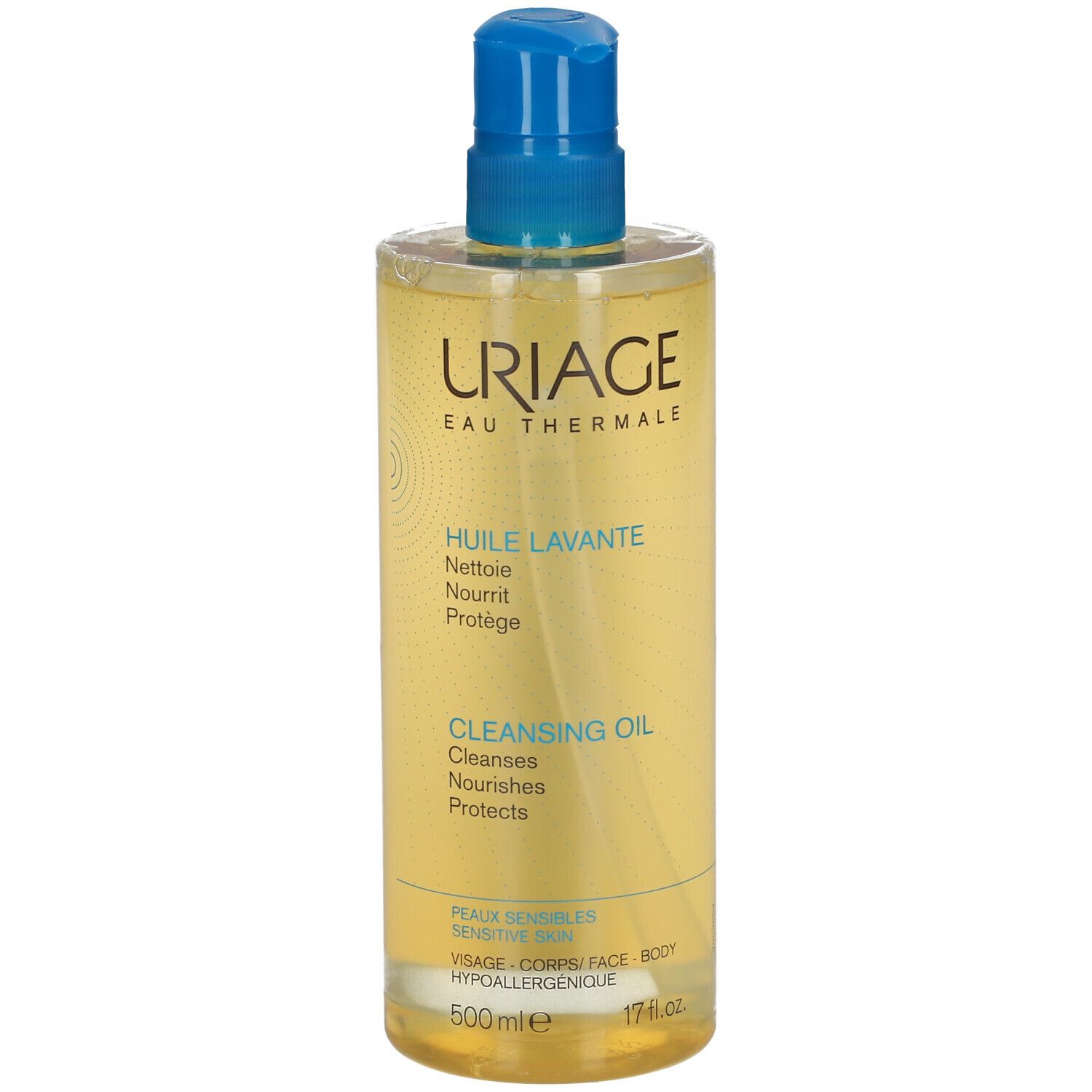 Flacone giallo con erogatore blu. Scritte URIAGE, Eau Thermale, Huile Lavante, Cleansing Oil. 500ml.