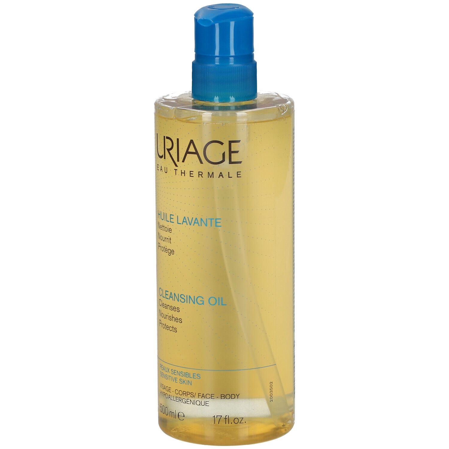 Flacone giallo con erogatore blu. Scritte URIAGE, Eau Thermale, Huile Lavante, Cleansing Oil. 500ml.