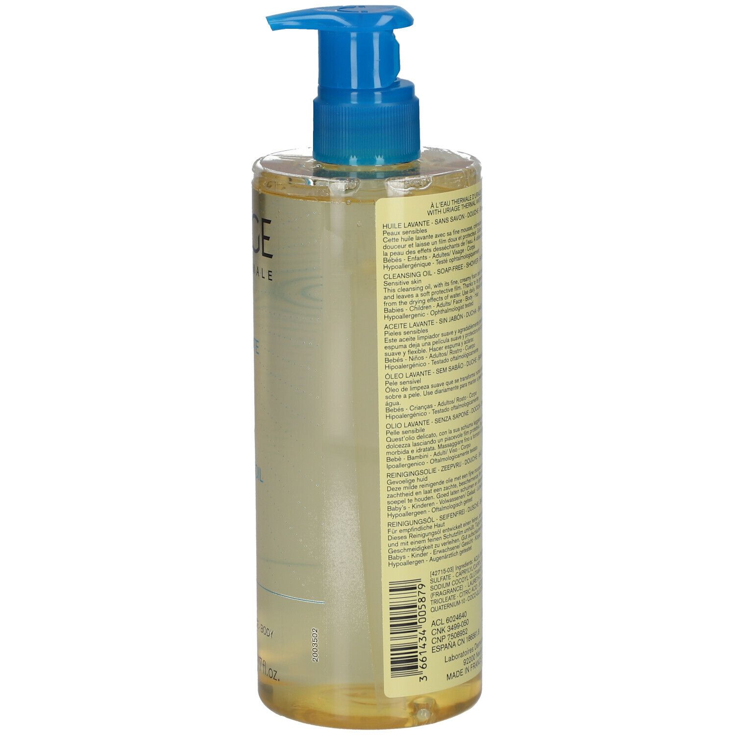 Retro del flacone. Testo multilingue. Scritta: URIAGE, Eau Thermale.