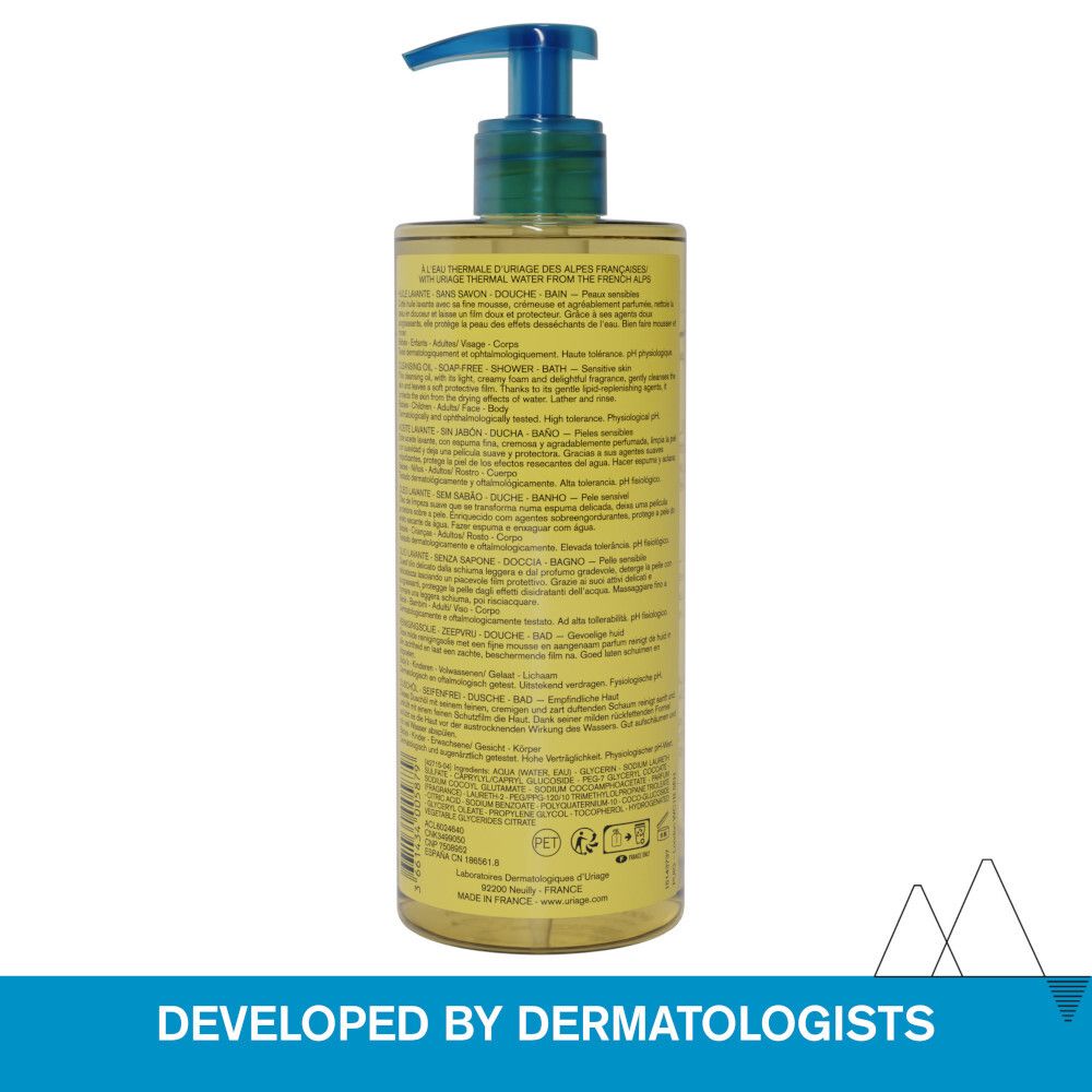 Retro del flacone. Testo multilingue. Scritta: URIAGE, Eau Thermale. Sviluppato da dermatologi.