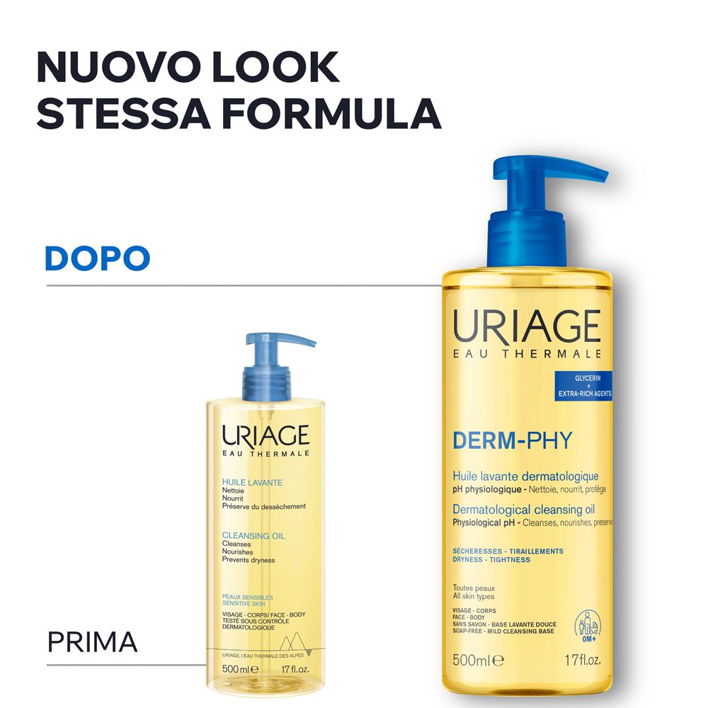 Zwei Flaschen nebeneinander. Links: alte Verpackung. Rechts: neue Verpackung. Text: Nuovo look stessa formula.
