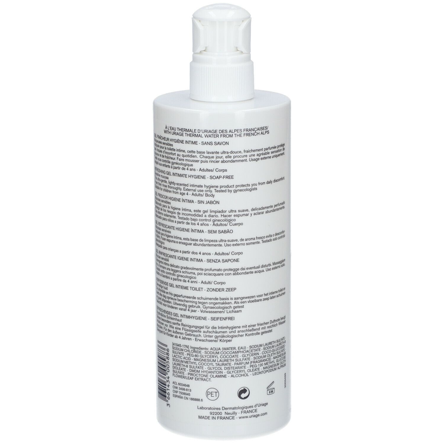 Retro del flacone bianco. Testo multilingue. Scritta: Raccomandato da dermatologi e ginecologi.