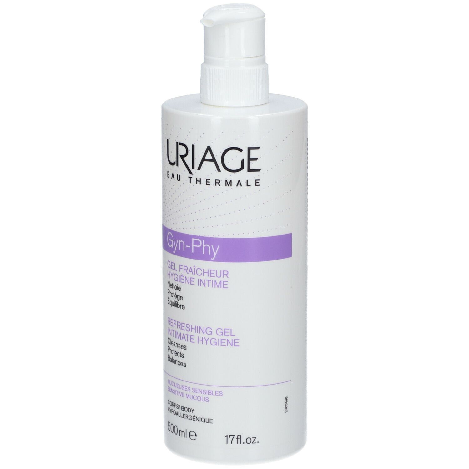 Flacone bianco con erogatore, fascia viola. Scritte: URIAGE, Gyn-Phy, Gel fraîcheur hygiène intime. 500 ml.