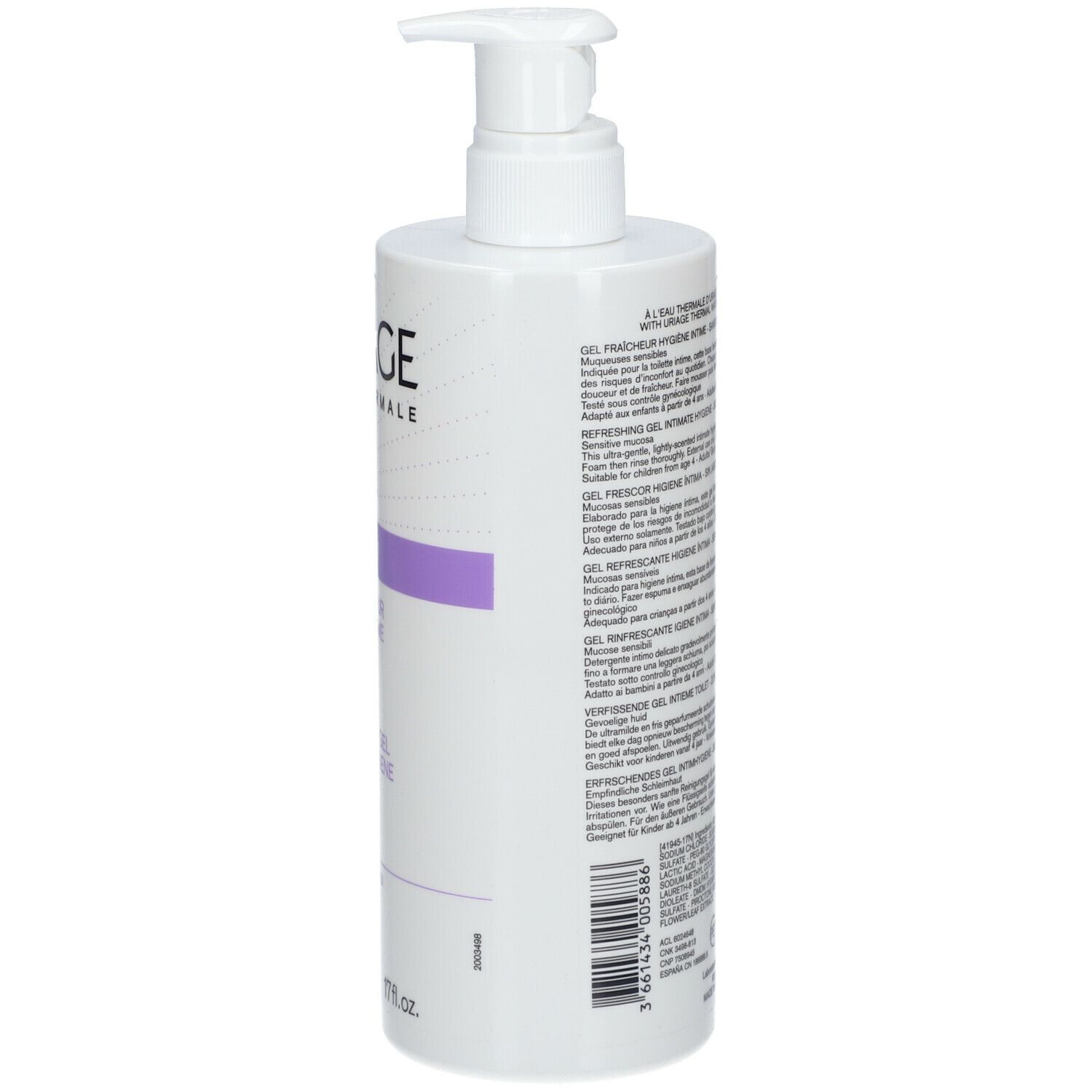 Retro del flacone bianco. Testo multilingue. Scritta: Raccomandato da dermatologi e ginecologi.