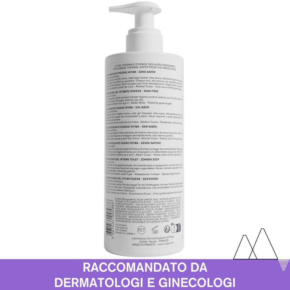Retro del flacone bianco. Testo multilingue. Scritta: Raccomandato da dermatologi e ginecologi.