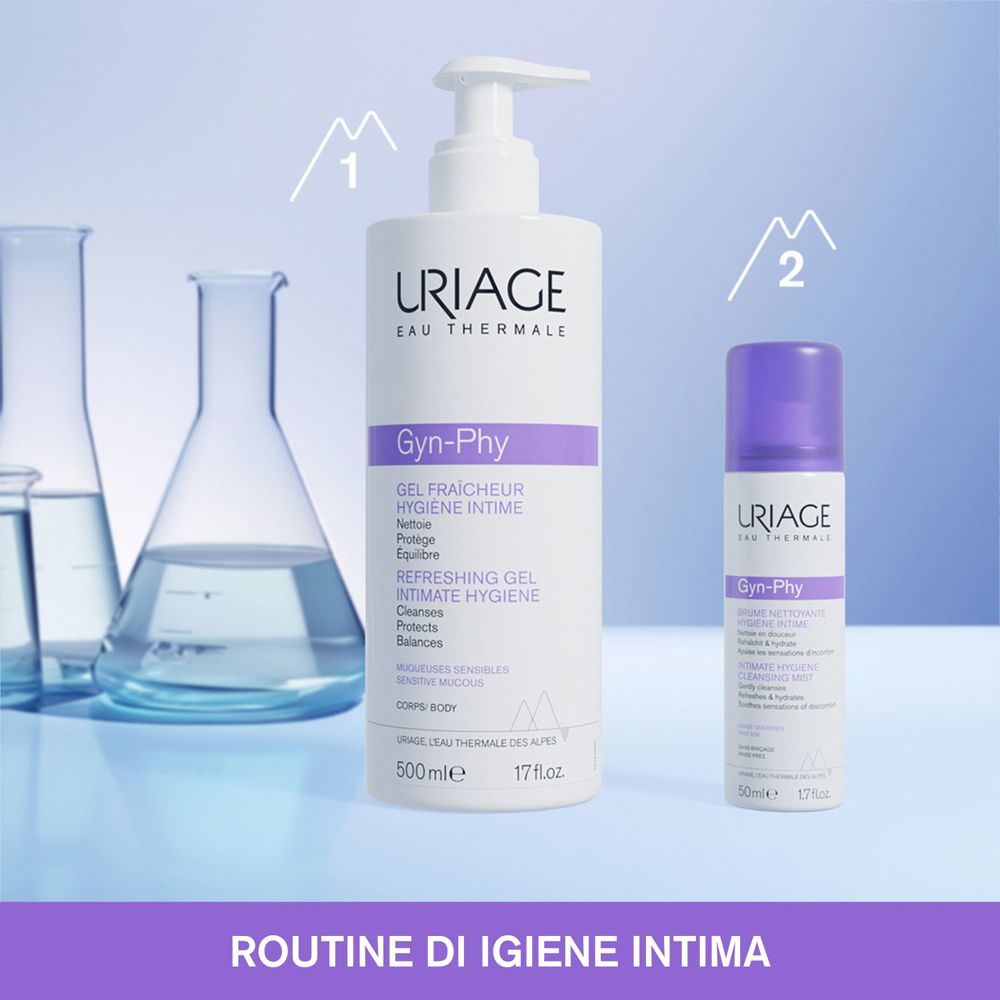 Due prodotti. Flacone bianco grande con pompa e flacone piccolo. Testo: Routine di igiene intima.
