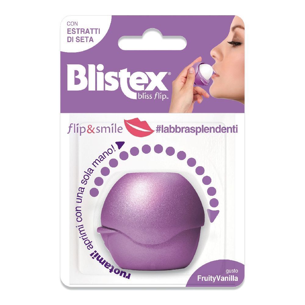 Blistex Flip & Smile. Confezione viola di balsamo labbra. Testo: #labbrasplendenti, gusto FruityVanilla.
