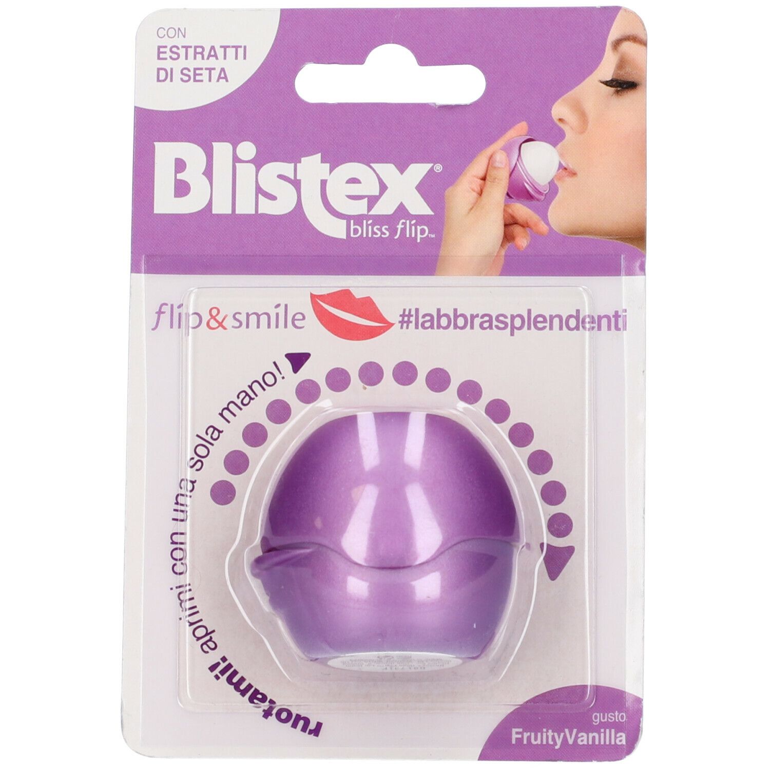 Blistex Flip & Smile. Confezione viola di balsamo labbra. Prodotto in uso. Testo: #labbrasplendenti, gusto FruityVanilla.