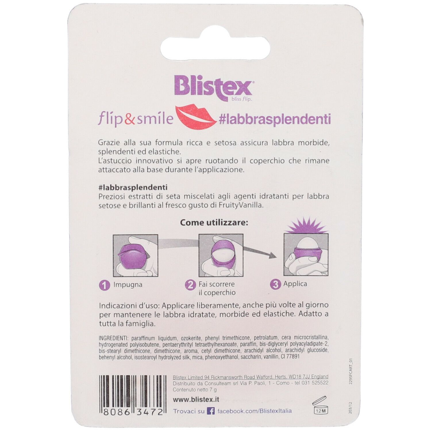 Blistex Flip & Smile. Retro confezione. Testo: #labbrasplendenti, ingredienti, istruzioni per l'uso.