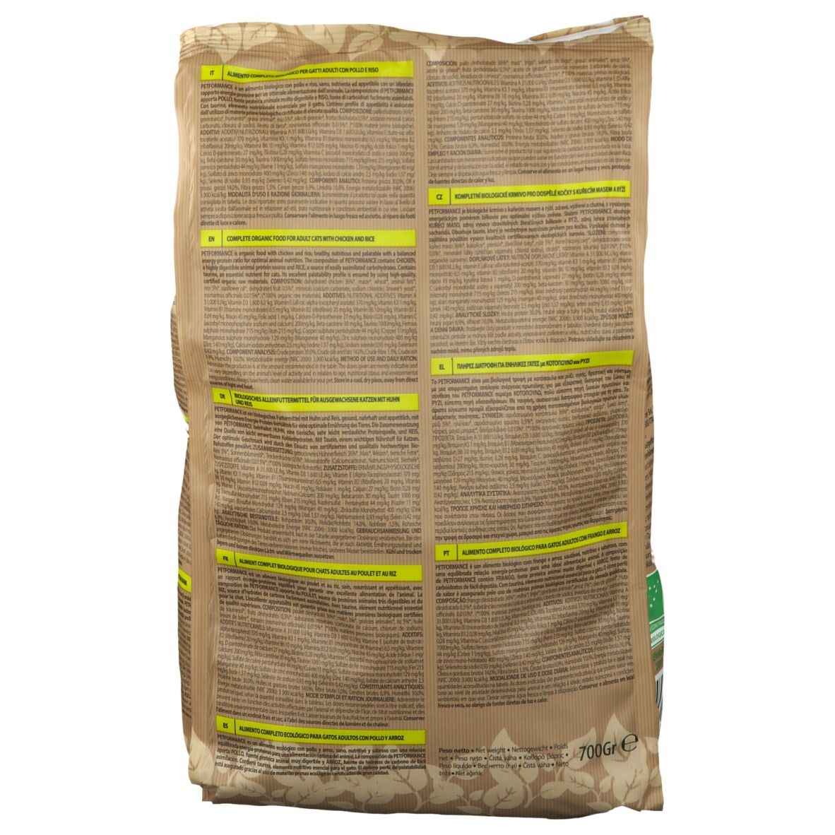 Rückseite Katzenfutterbeutel. Text in mehreren Sprachen. Aufdruck: Petformance Bio Organic, 700g. Zertifiziertes Bio-Futter.