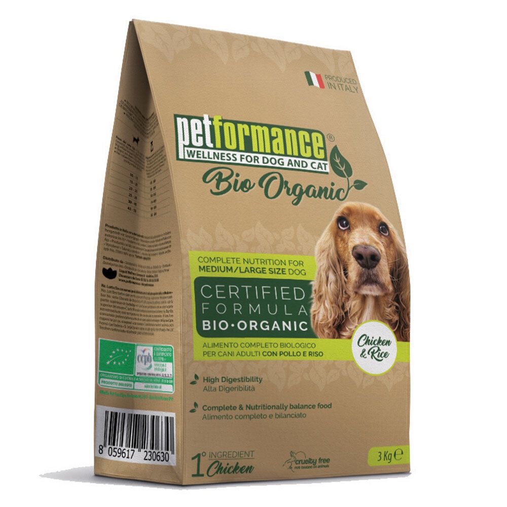 Hundefutter-Beutel. Aufdruck: Bio Organic, Huhn & Reis. Braune Verpackung mit Hundefoto. 3 kg.